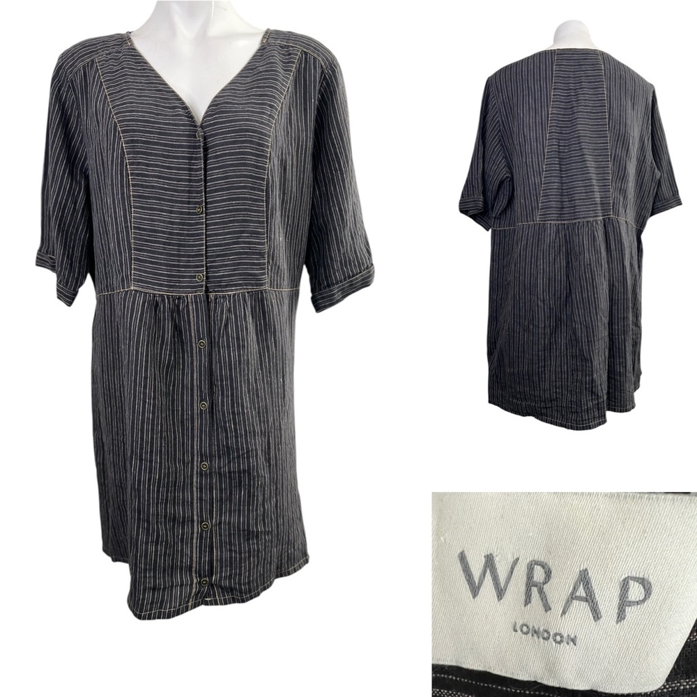 Wrap London dress sz L/16-8 Black/gray Striped linen shirt dress